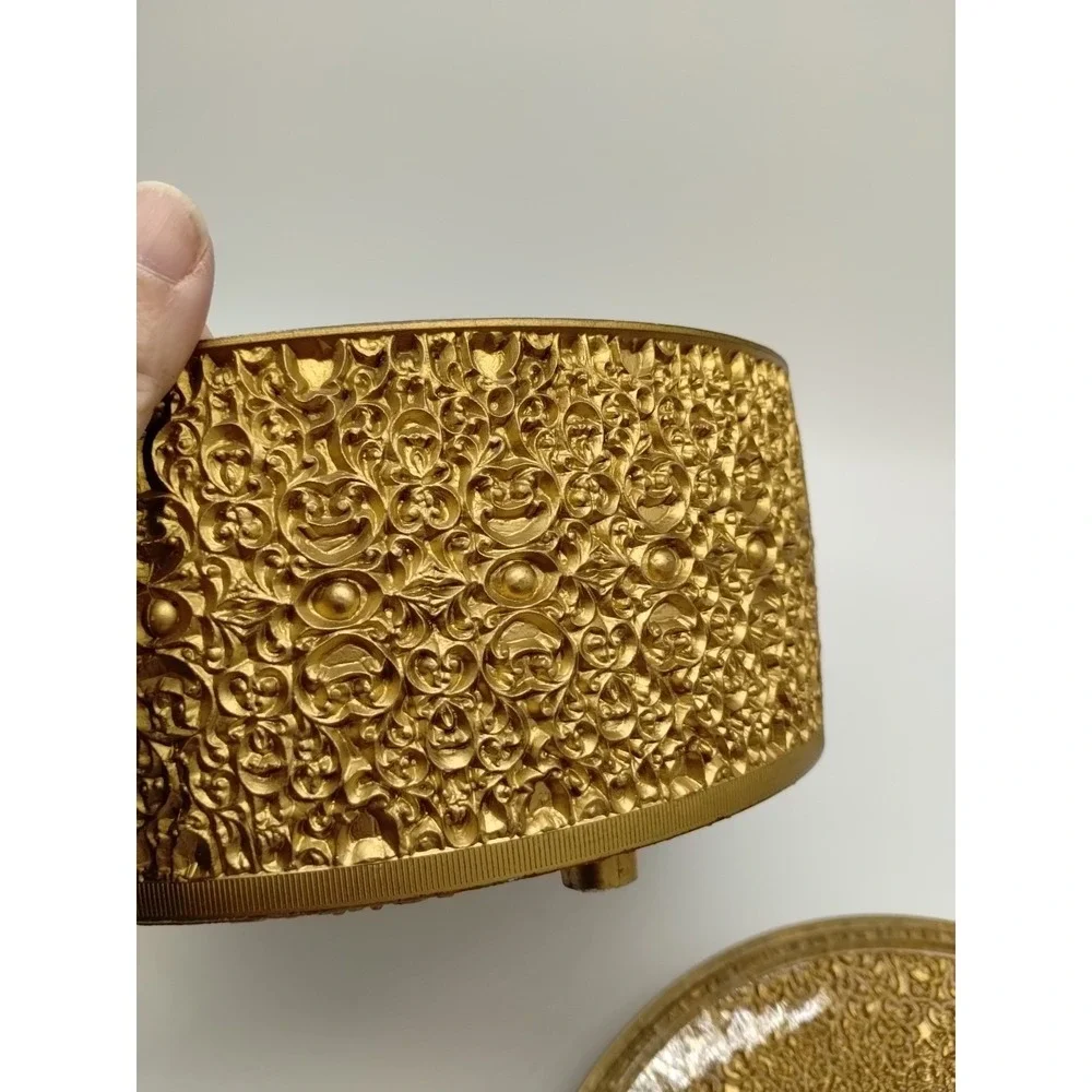 Elegant Gold Plastic Vintage Vanity Box 8.25 Diameter Dresser Sewing Hollywood